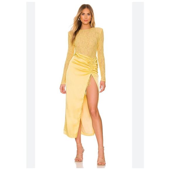 Revolve NBD Farah Cocktail Dress Medium Yellow Lace Bodysuit Satin Skirt  Prom